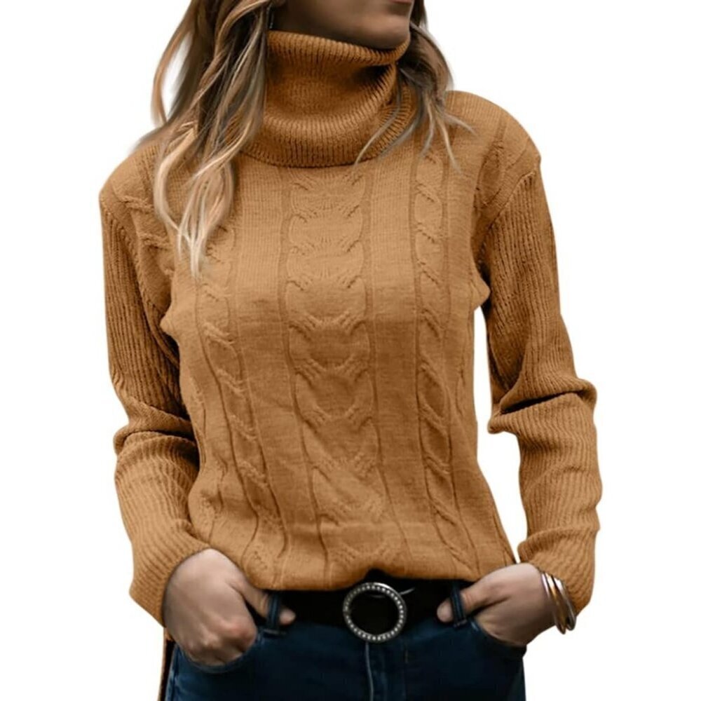 Women Light Brown Pull On Cable Knit Turtleneck Long Sleeve Casual Warm Sweaters